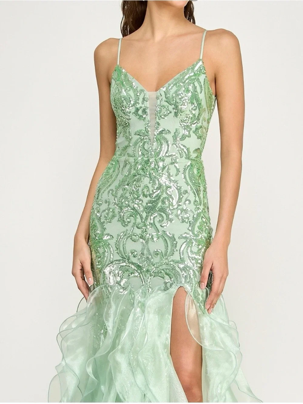 B Darlin Mint Sequin Ruffle Mermaid Gown